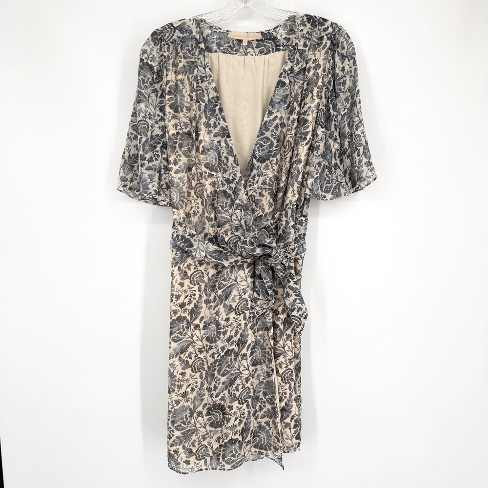 Vanessa Bruno Wrap Dress Navy Blue Cream Silk Blend Floral Print Short Sleeve 34